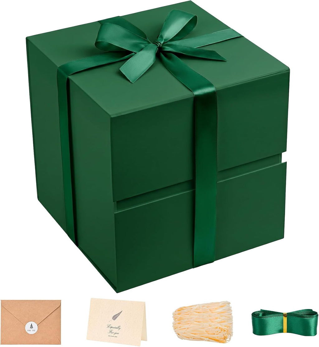 Dark Green Gift Box for Christmas with Magnetic Lid, 10.2"x10.2"x10.2"