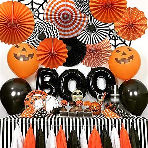 6-Pack Orange Party Decorations, Hanging Paper Fans Wall Decor
