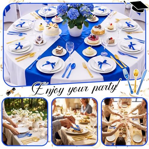 Minatee 180 Pcs Blue and Gold Plastic Silverware Heavy Duty Cutlery Sets Disposable Utensils for Holiday Birthday Themed Party Supplies, 60 of Each Forks Knives Spoons