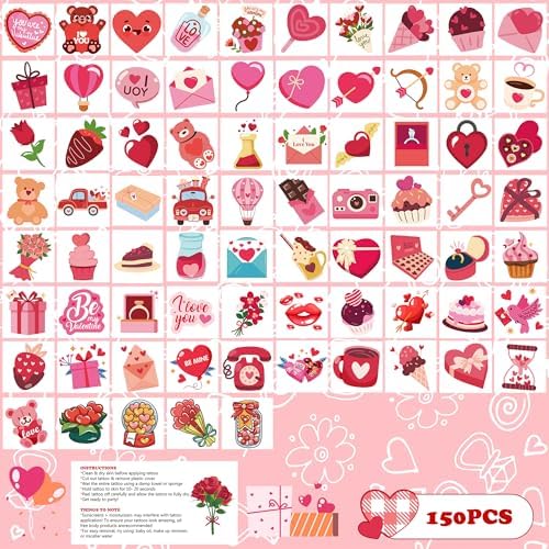 Valentines Party Favors - 150 PCS Tattoos for Kids Him Her |Valentine Day outfit Women - Valentine's Day Crafts Games Accessories Supplies - Valentines Shirts Pajamas Dress for Adult