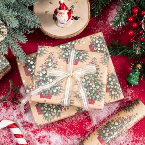 RUSPEPA 30" X 32.8' Kraft Christmas Wrapping Paper Large Paper Roll, Jumbo Roll, Gold Foil Elegant Christmas Tree with Ornament & Snowflake Design Kraft Gift Wrap for Xmas Gifts, Winter and Holidays