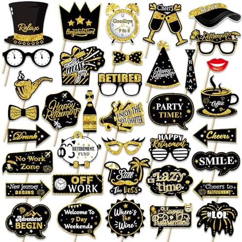 Retirement Party Photo Booth Props Kit - 37pcs Paper Photo Props 1 Frame Glitter Retirement Party Decorations for Retiree Celebration, Farewell Office Party Supplies (Black and Gold)