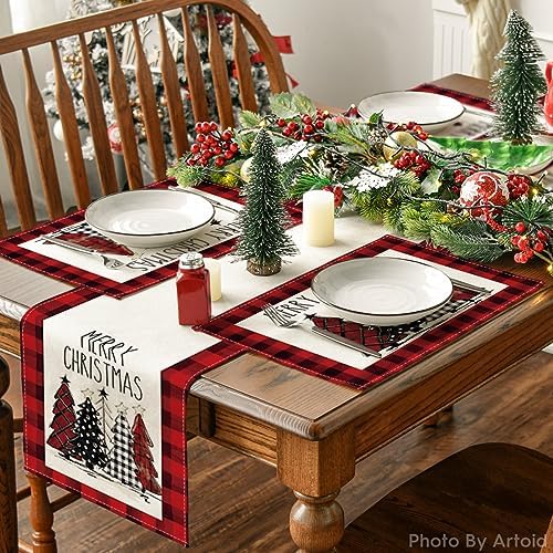 Artoid Mode Red and Black Buffalo Plaid Christmas Trees Placemats Set of 12, 12x18 Inch Winter Table Mats for Outdoor Home Party Kitchen Dining Decor