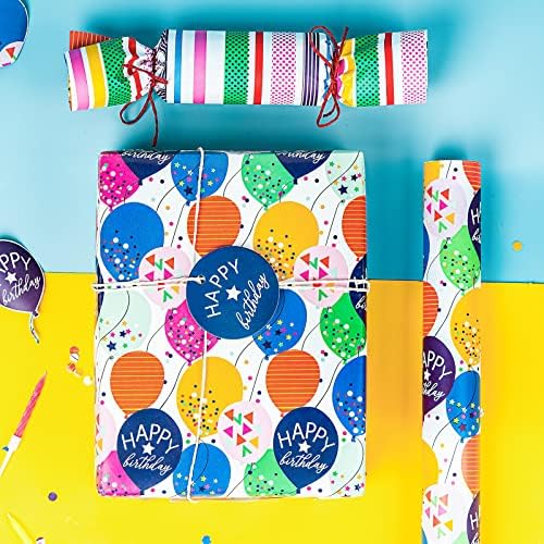 WRAPAHOLIC 30 Inch Reversible Birthday Wrapping Paper - 30 Inch x 33 Feet - Colorful Balloon with Confetti Design for Birthday, Baby Shower