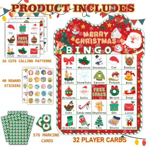 HomSeon 49Pcs Christmas Bingo Game for Kids Adults, 32 Players Bingo Cards