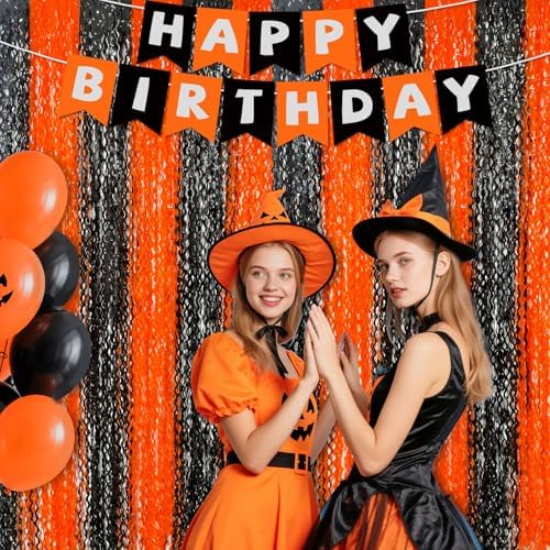 3 Pack Halloween Backdrop, Halloween Photo Backdrop Party Supplies with Happy Birthday Banner, Orange Black Foil Fringe Curtains Set for Birthday Halloween Party Decoration