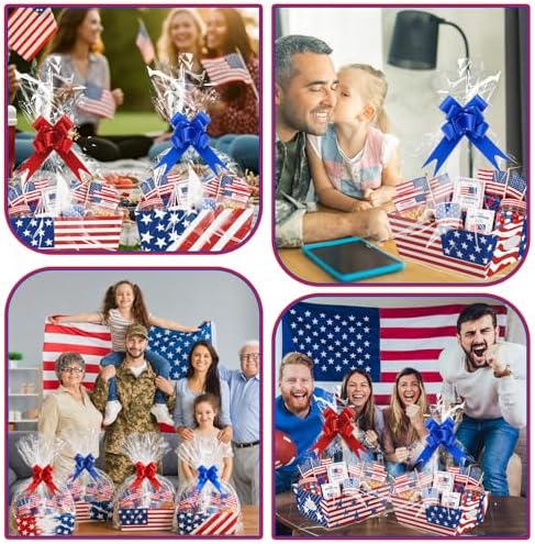 Cinrobiye 12 Pcs Patriotic Gift Baskets Bulk Empty 4th of July American Flag USA Gift Basket Kit with Pull Bows for Independence Day, Memorial Day, Veterans Day, Birthday Party Favors