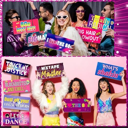 Beeveer 24 Designs 80s Photo Booth Props, 1980s Double Sided PVC Signs