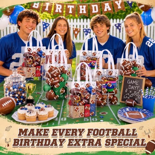 Pajean 24 Pcs Football Plastic Gift Bags with Handles, 5.9 x 8.7 x 3.1 Inch Rugby PE Treat Bags, Brown Football Theme Goodie Pouches for Classroom Exchange, Sport Game Day Party Supplies Decoration