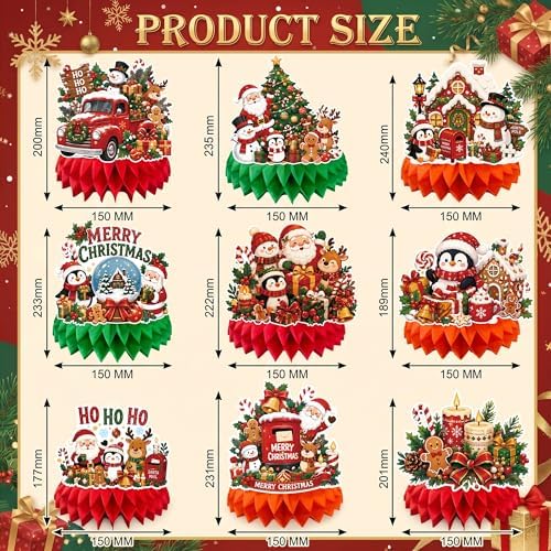 Christmas Decorations - 9 PCS Santa Snowman Reindeer Honeycomb for Christmas Table Decorations
