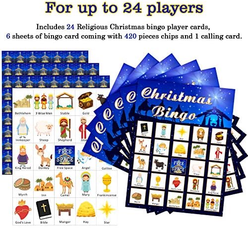 Skylety Religious Christmas Nativity Bingo Game Christmas Nativity Bingo Cards 24 Players for Religious Party Game Family Xmas Party Activities