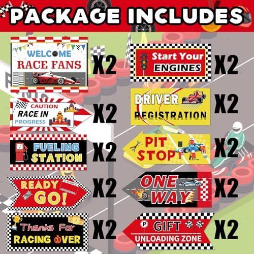 20 Pcs Race Car Party Decorations Racing Car Party Directional Signs Racing Themed Birthday Decoration Supplies for Backdrops Door Wall Yard Welcome Signs