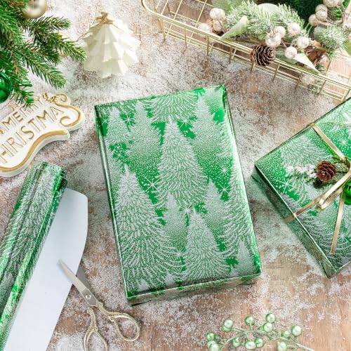 RUSPEPA Elegant Christmas Tree Wrapping Paper Roll, Mini Roll, Green Silver Christmas Tree and Sparkling Star Design Luxury Gift Wrap for Xmas Holiday, Winter Party, Wedding, 17 Inches x 16.4 Feet