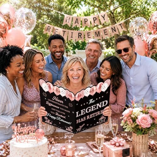 WNINK Jumbo Retirement Card for Women, Black Rose Gold Happy Retirement Guest Book with Envelope, Large Farewell Signing Card, The Legend Has Retired Decorations Gift