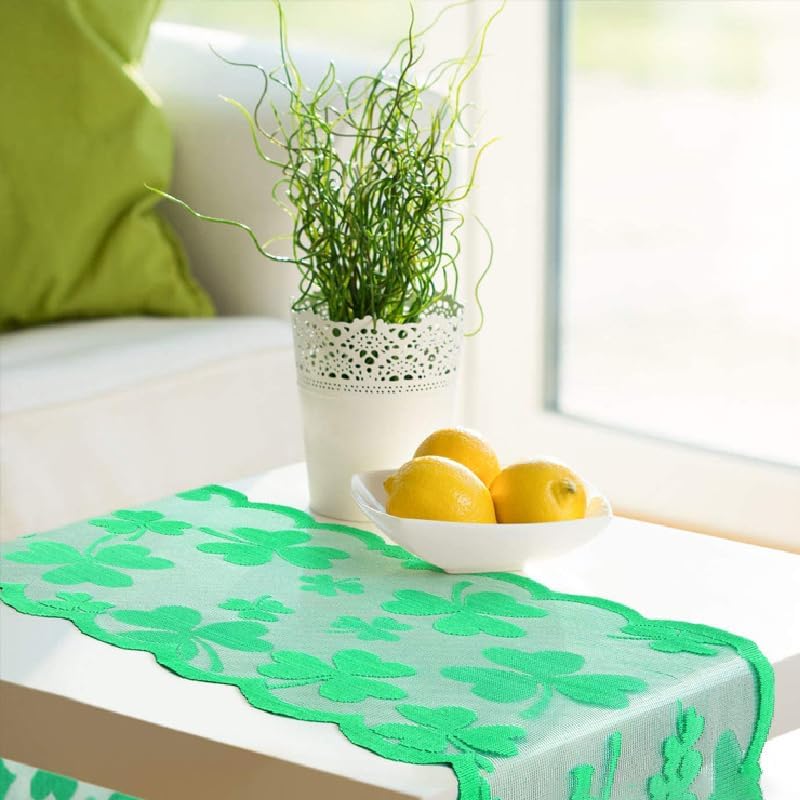 Green Lace Table Runners for St. Patricks Day Wedding Bridal Shower Baby Shower Party Table Decoration, Rustic Shamrock Clover Embroidered Boho Table Runner,14 x 120 Inch (Green)