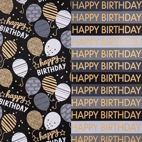 RUSPEPA Reversible Birthday Wrapping Paper Roll, Mini Roll, Black Gold Foil Happy Birthday Balloon & Stripe Text Design Gift Wrap Paper for Men, Boy, Adults, Party Celebration, 17.5 Inches x 32.8 Feet
