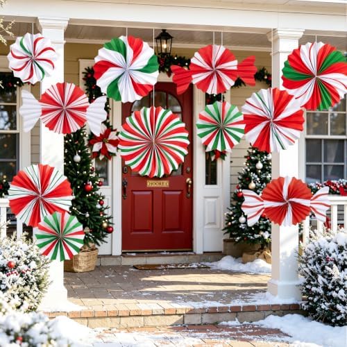 SUNBEAUTY Christmas Hanging Paper Fans Decoration Candy Peppermint Paper Christmas Decoration Candy Party Classroom Decor White and Red Xmas Ceiling Birthday Party Bulletin Board Office Decor