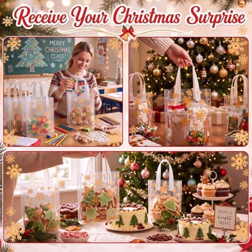Pajean 25 Pcs Xmas Plastic Gift Bags with Handles, Gold Snowflake Pouches