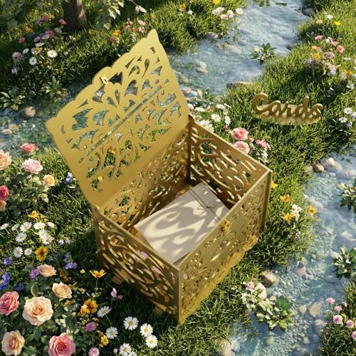 Jolik DIY Wedding Card Box with Lock, Large Money Box Holder with Card Sign for Wedding Reception, Gift Card & Envelope Storage, Anniversary & Birthday Party Decoration (Gold)