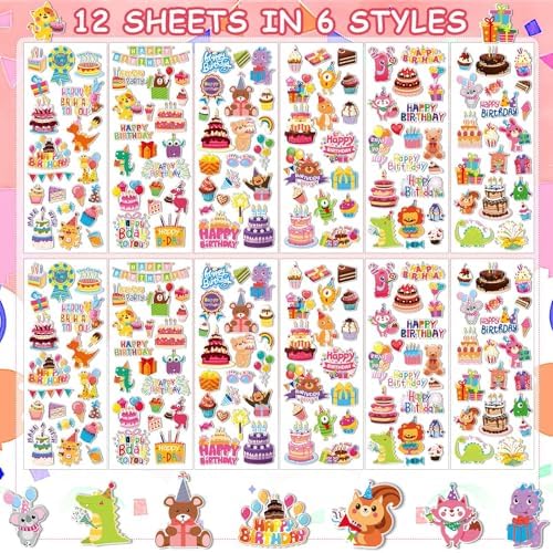 UPINS 12 Sheets Happy Birthday Stickers for Kids 3D Puffy Foam Decals