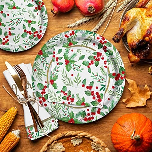Christmas Party Supplies, Serve 50, Christmas Seasonal Holly Tableware Includes: Paper Dinner Plates, Dessert Plates, Luncheon Napkins and Beverage napkins, Great for Party Decorations