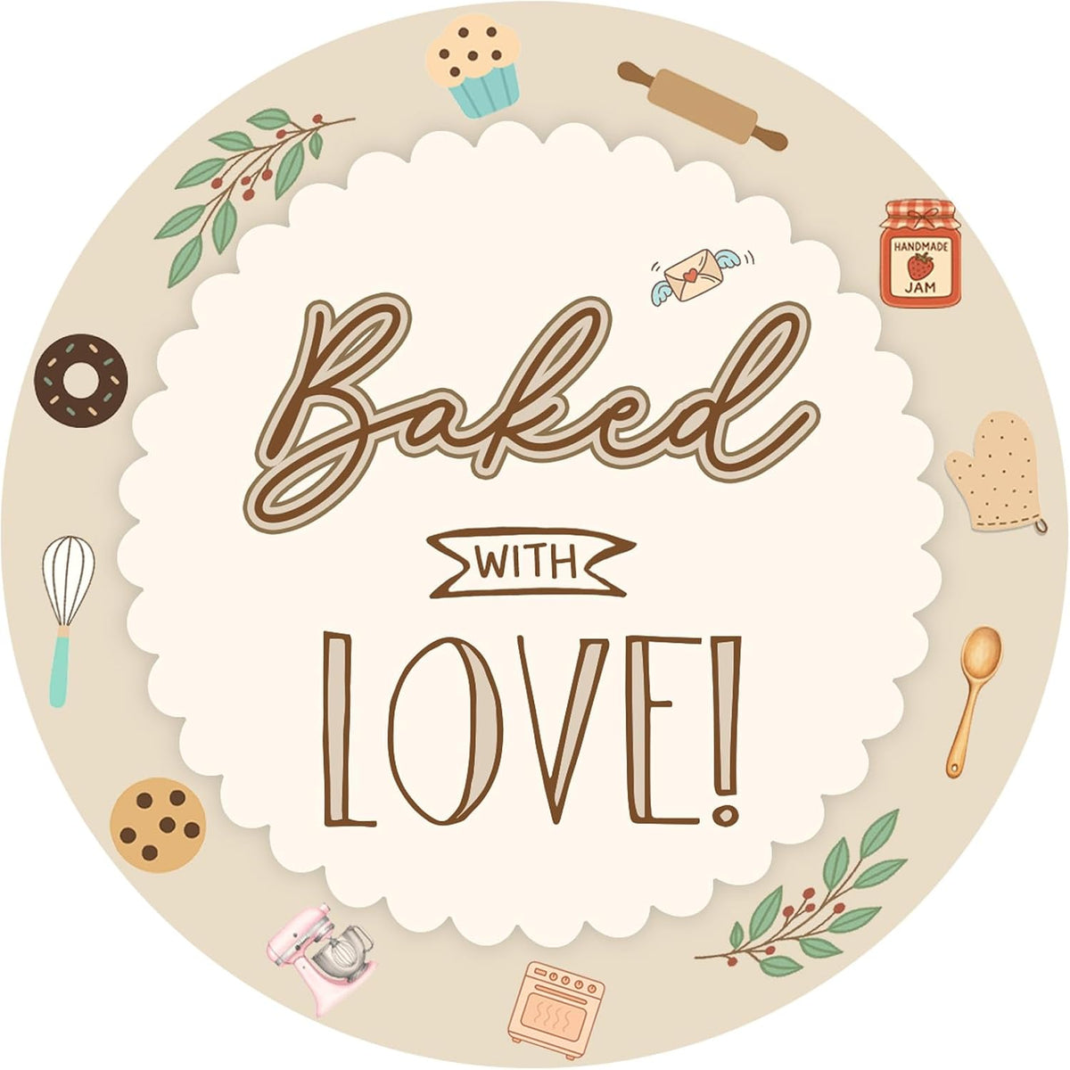 Baked with Love Stickers 120Pcs, 2 Inch Round Baking Labels for Homemade Goods, Bakery Packaging, Cookie Bags, Thank You Gifts, Small Business Packaging & Party Favors (Baked with Love)