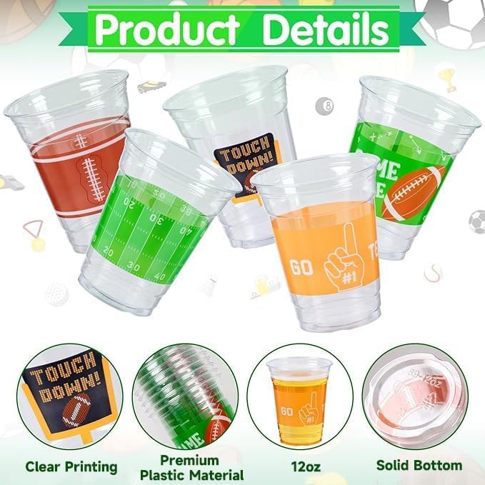GuassLee 50 Football Party Cups 12OZ Disposable Clear Plastic Football Cups for Tailgate Football Game Sports, Watch Party, Backyard Party Decorations Supplies Favors