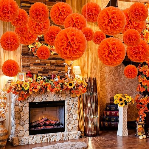 Recosis Orange Party Decorations, 18 Pcs Paper Pom Poms Decorations