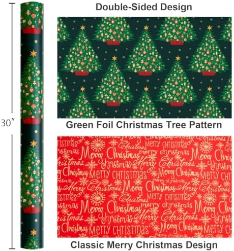 Yarcony Reversible Christmas Wrapping Paper Jumbo Roll,Green Wrapping Paper