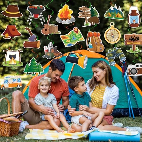 40Pcs Camping Hanging Swirl Decorations, Happy Camper Party Hanging Swirls Camping Adventure Bears Tent Telescope Sign Foil Swirls Ceiling Decorations for Camping Birthday Baby Shower Party Decor