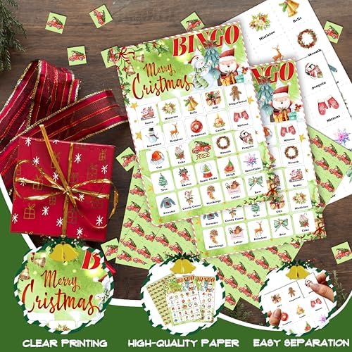 24-Person Christmas Bingo Cards, Watercolor Snowman Xmas Party Card Game, Green Santa Claus Bingo Game for Family Large Group Activities, Winter Holiday Party Supplies