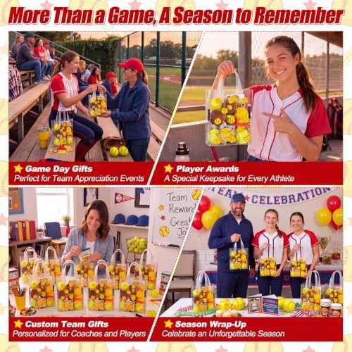Pajean 12 Pcs Softball Plastic Gift Bags with Handles, 5.9 x 8.7 x 3.1 Inch Baseball Theme PE Treat Bags, Yellow Sport Candy Goodie Pouches for Classroom Exchange, Party Favor, Sports Event Supplies