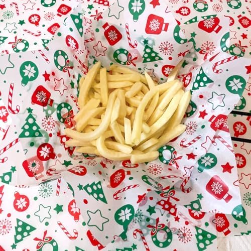 150pcs Christmas Wax Paper Sheets for Food Deli Paper Sandwich Wrap Candy Cookies Wraps, Waterproof Oil-proof Basket Liners with Snowflakeprinted for Kitchen Handmade Food(Red and Green)