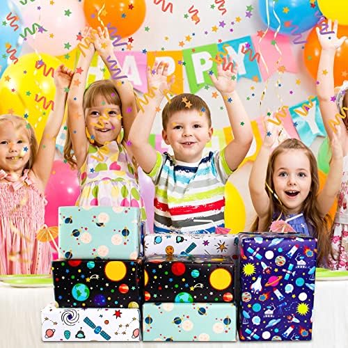 Space Wrapping Paper Birthday Wrapping Paper for Boys Girls,Gift Wrapping Paper Kids with Blue White Navy Birthday Paper for Present Wrapping Paper Sheets with Galaxy Spaceship Birthday Gift Wrap Set (6 Sheets 28"Lx20"W per Sheet)