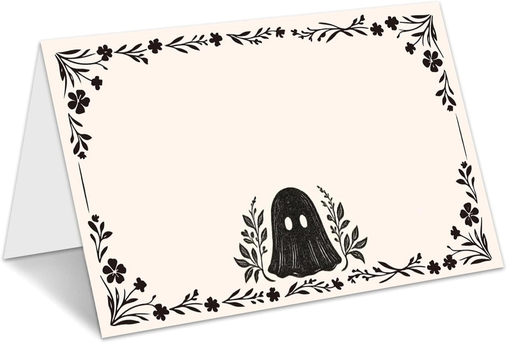 Halloween Place Cards for Table Setting, Ghost Tent Cards Decor For Birthday Baby Shower Autumn Party Reception Decorations, Bridal Shower Place Card, 25 Pack Birthday Food Name Card 2 x 3.5" /034