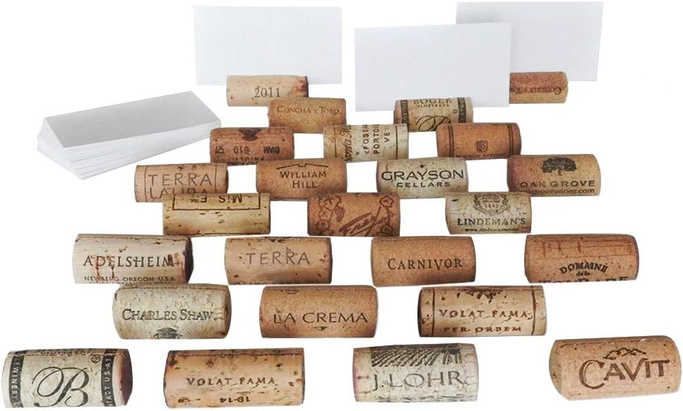 Premium Recycled Cork Place Card Holders - Set of 25 with Place Cards - Rustic Wine Theme Table Decor - Perfect for Vineyard Weddings