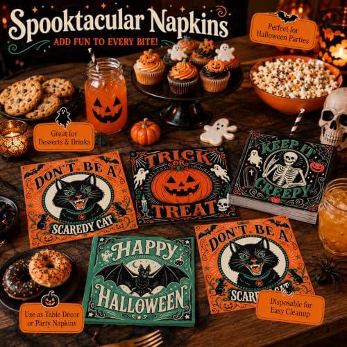 50Pcs Vintage Halloween Paper Napkins - 4 Designs 2-Ply, 6.5 × 6.5 inchs