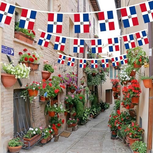 AhfuLife 60 Pcs Dominican String Flags for Independence Day Decorations, Small Dominican Flag Bunting Banner - Double Sided for National Day Festival Party Decorations (5.5×8.3 Inch-66 Ft)