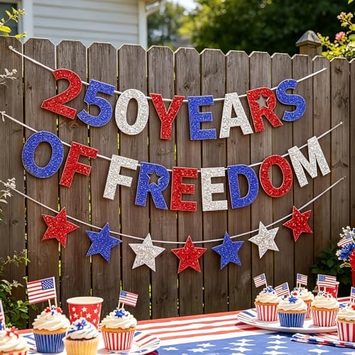 4th of July Decorations - USA 250th Anniversary - Independence Day Glitter Banner Set, 250 Years of Freedom Patriotic Party Supplies, Banners for 2026 Celebration