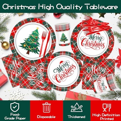 Christmas Plates and Napkins Party Decoration Serve 24, Red Green Merry Christmas Tree Buffalo Plaid Tableware Disposable Paper Plates,Napkins,Cups,Forks,Knives for Xmas Holiday Supplies Decor
