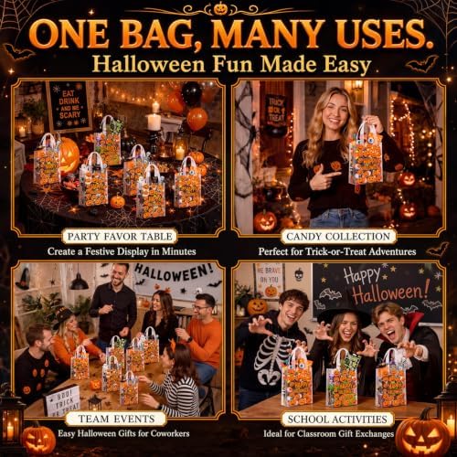 Pajean 25 Pcs Halloween Plastic Gift Bags with Handles, Cute Pumpkin Bags
