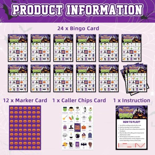Halloween Bingo Cards for 24 Players - 5" x 7", Purple