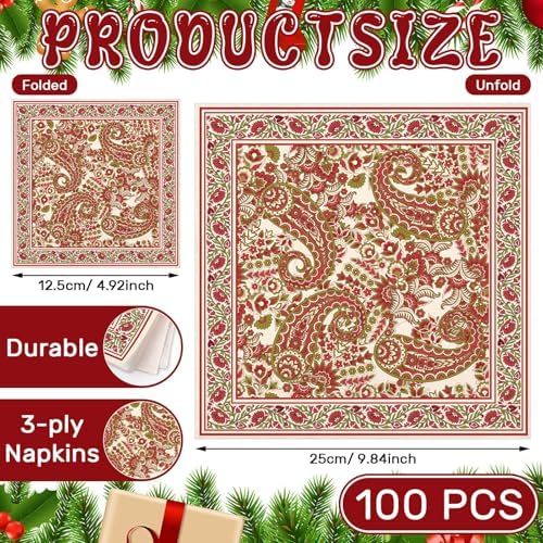 Chiisong 100 Pcs Paisley Pattern Christmas Cheers Cocktail Napkins Party