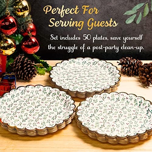 Confettiville Christmas Paper Plates, 50-Count Disposable Christmas Party Supplies, Holly, Gold Foil Scalloped Edge, 9 Inches