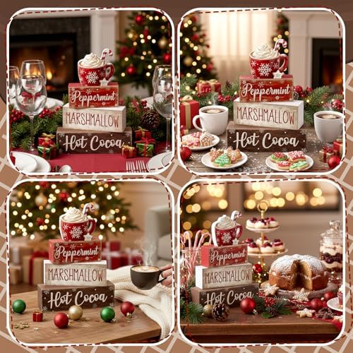 Moucuny 4 Pcs Christmas Table Decorations, Peppermint Hot Cocoa Bar Sign