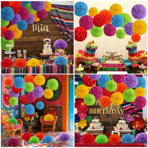 Recosis Fiesta Party Decorations, 18 Pcs Multicolor Paper Pom Poms
