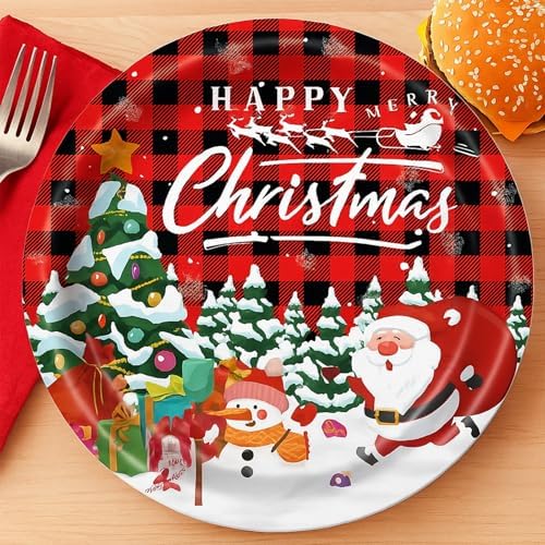 50 Count Red Christmas Paper Plates 9 Inch Xmas Dinner Plates Disposable Round Holiday Appetizer Plaid Plates for Santa Cake Snack Cocktail Birthday Merry Christmas Party Supplies Tableware