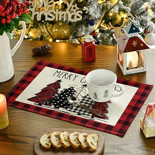 Artoid Mode Red and Black Buffalo Plaid Christmas Trees Placemats Set of 12, 12x18 Inch Winter Table Mats for Outdoor Home Party Kitchen Dining Decor