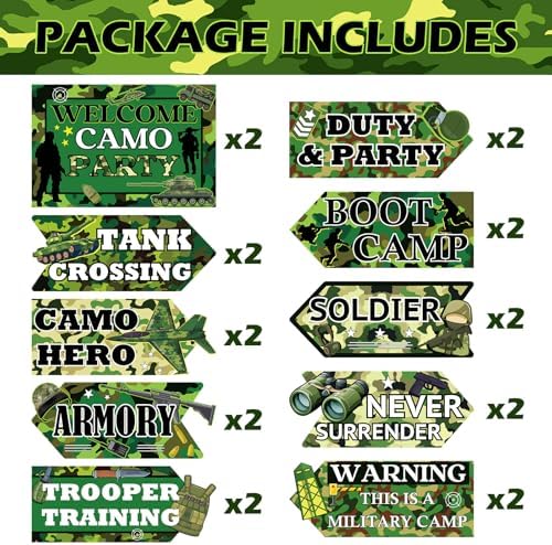 Hooqict 20 Pieces Camo Party Signs Army Birthday Party Decorations Camouflage Military Birthday Party Supplies for Boys Men Army Themed Directional Sign