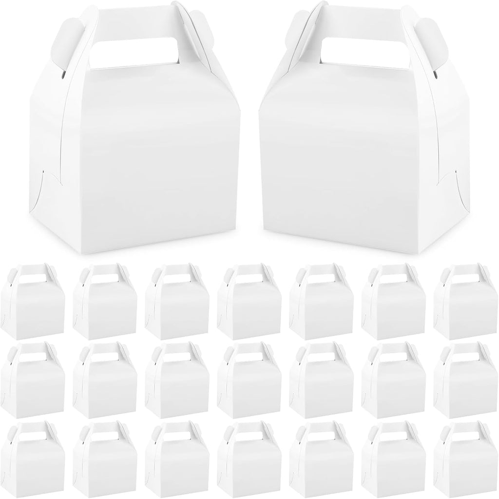 Hooqict 24 Pack White Party Favor Treat Boxes Paper Gable Gift Boxes with Handles for Party Favors Snack Goodie Candy Cookie Desserts, 6.7x5.1x3.5 Inch